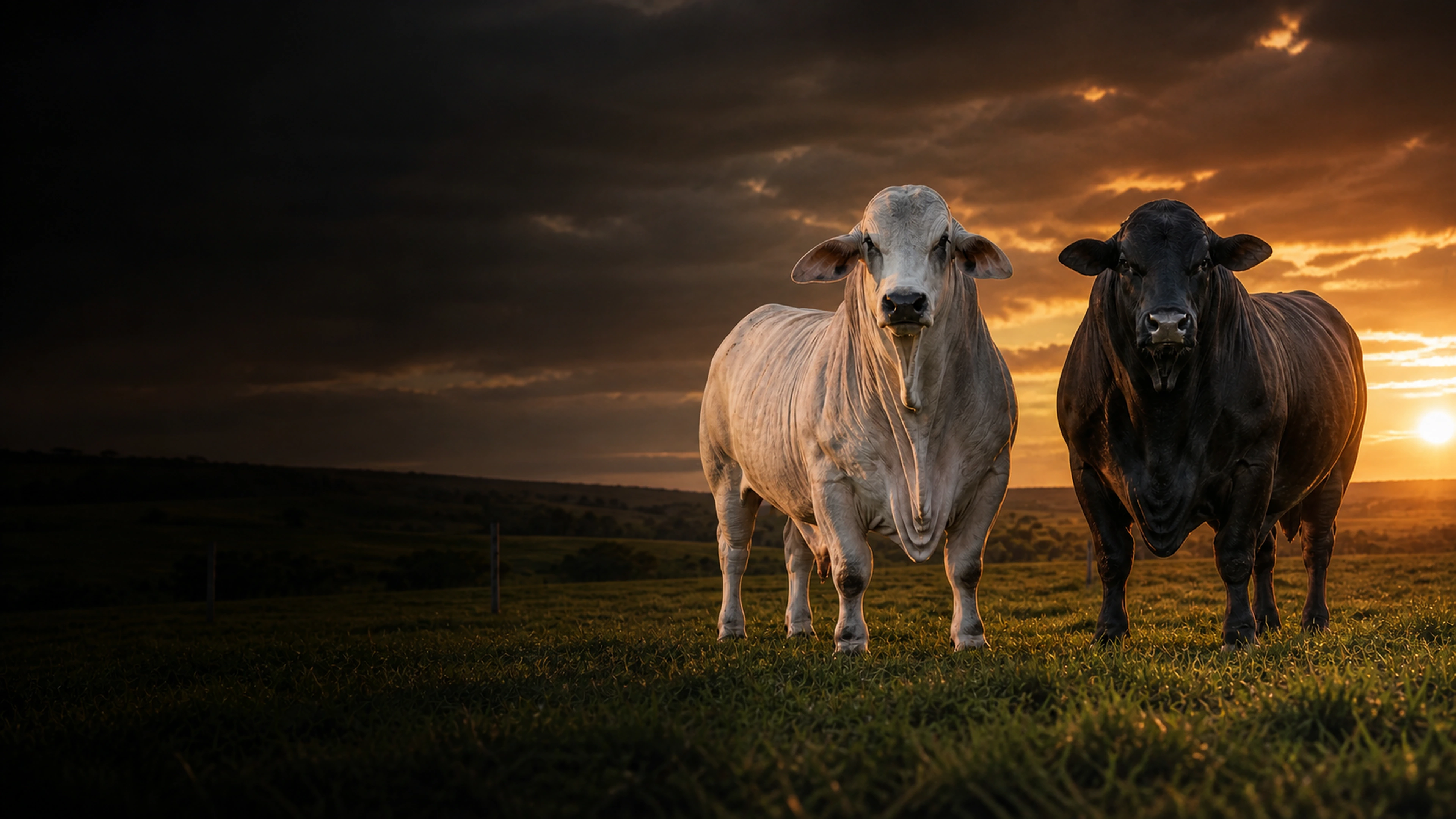 Ganado Brahman y Brangus seleccionado en un potrero al atardecer