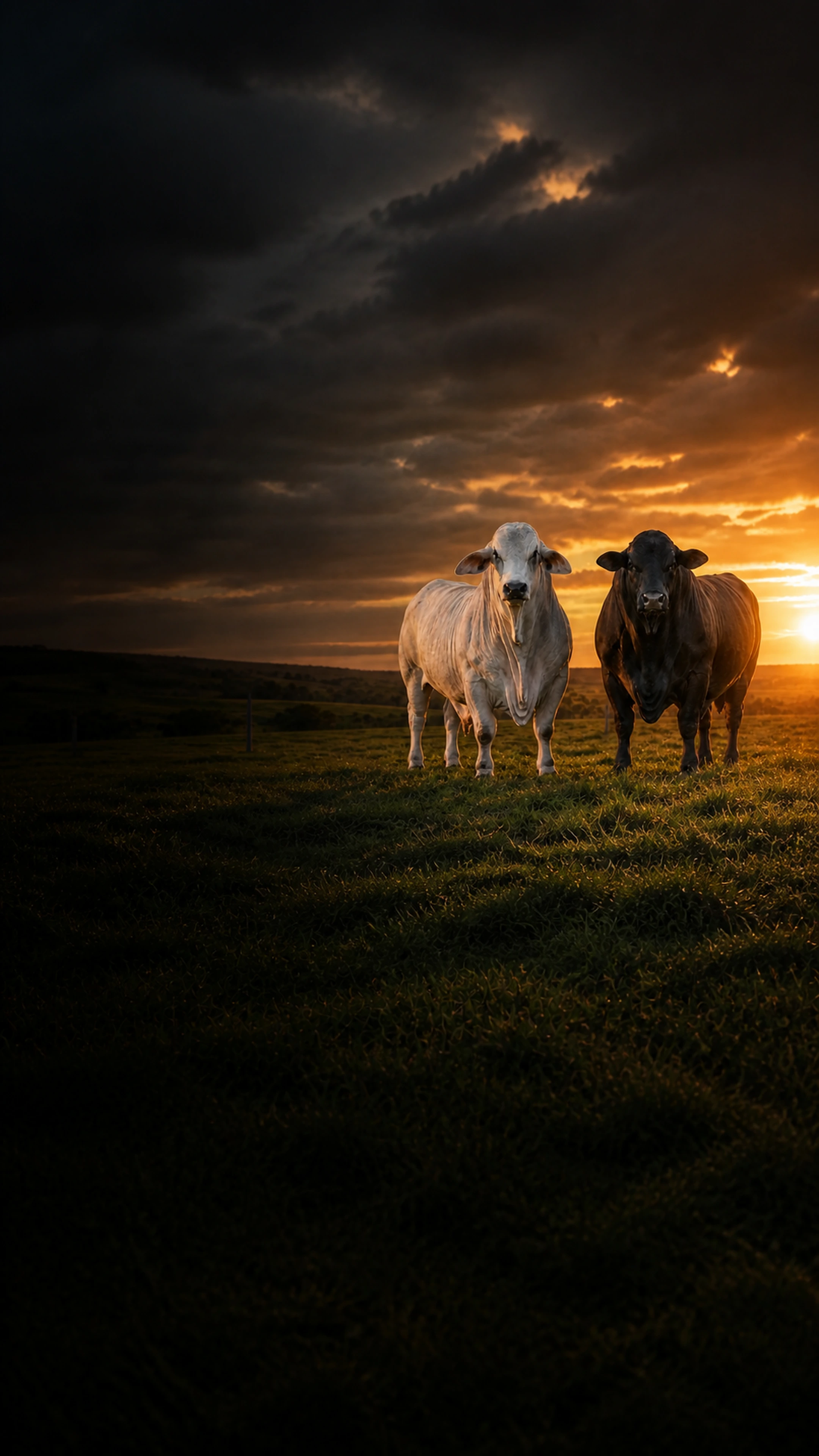 Ganado Brahman y Brangus seleccionado en un potrero al atardecer